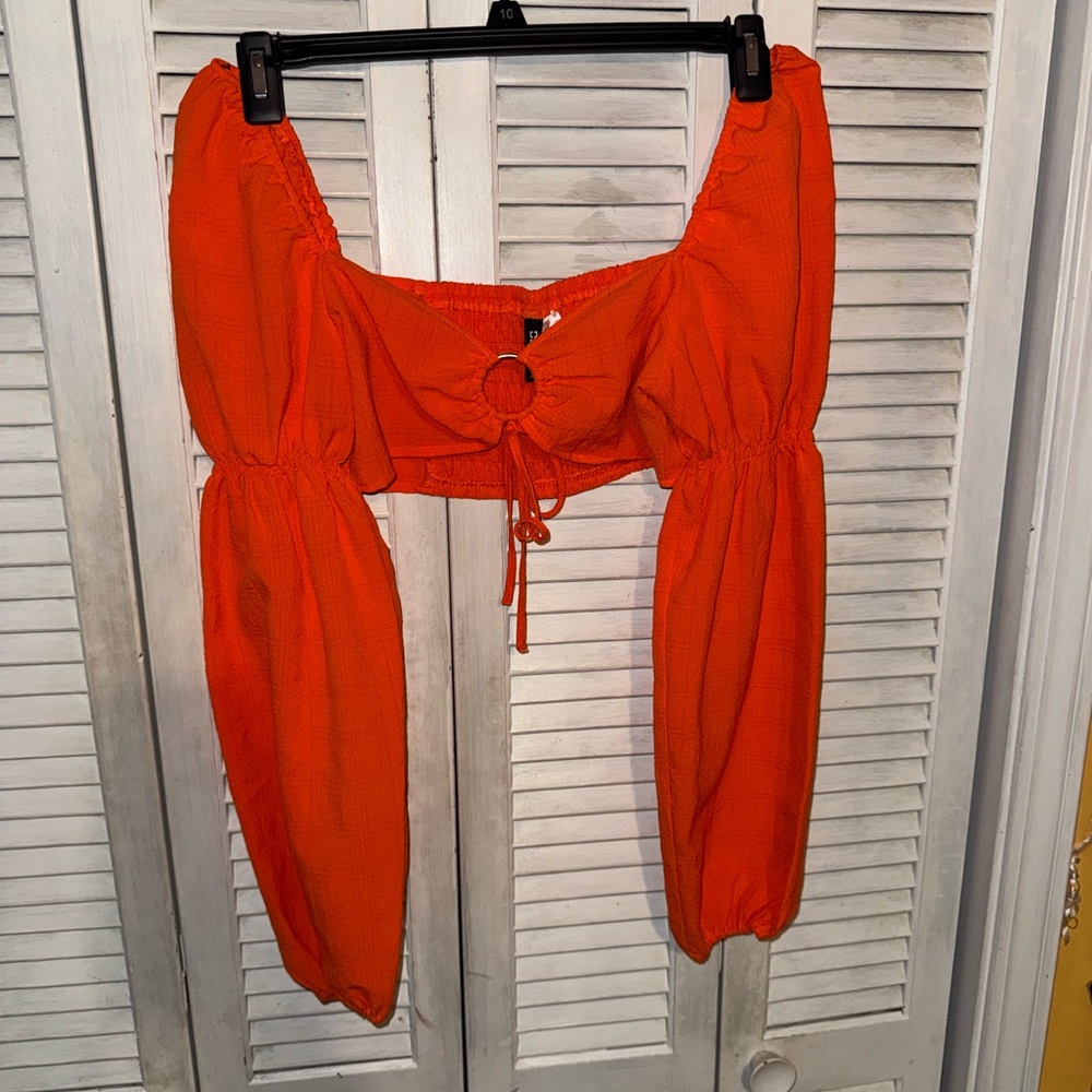 Orange Off-Shoulder Long Sleeve Crop Top